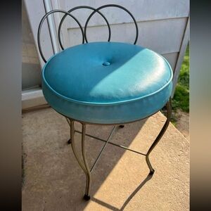 Vintage George Koch & Sons Vanity Chair Hollywood Regency Pewter Turquoise MCM